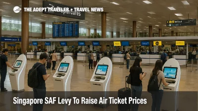 Travelers using check in kiosks at Singapore Changi departures hall as the new Singapore SAF levy begins on outbound flights.