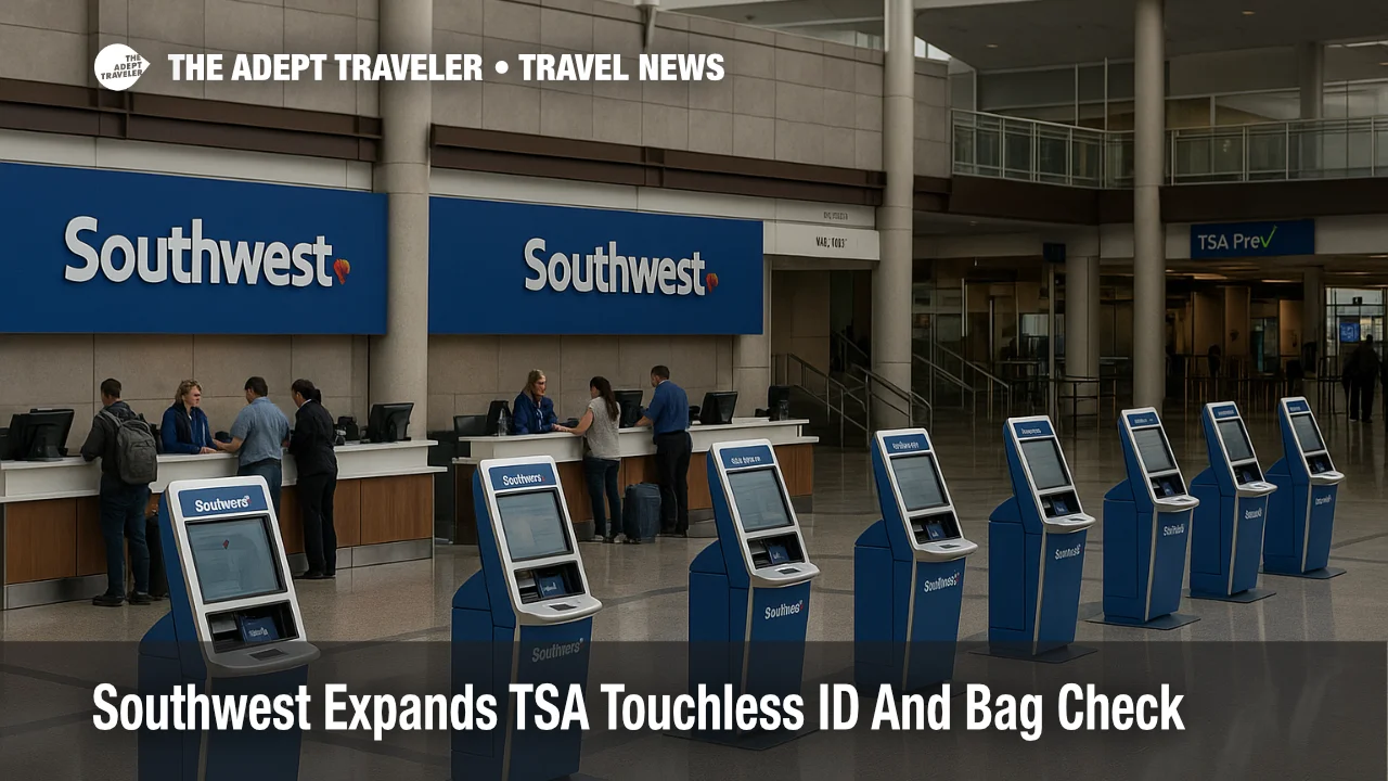 Southwest travelers using self service kiosks and bag drop counters at Denver International Airport as TSA Touchless ID and digital bag check expand