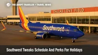 Southwest Airlines Boeing 737 taxiing at Dallas Love Field terminal as travelers move through the concourse before busy Thanksgiving flights