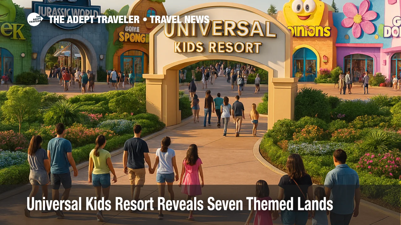 Families walking toward the colorful Universal Kids Resort entrance plaza in Frisco, Texas, with Shrek, Jurassic World, and SpongeBob themed facades in view