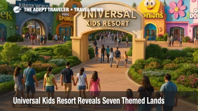 Families walking toward the colorful Universal Kids Resort entrance plaza in Frisco, Texas, with Shrek, Jurassic World, and SpongeBob themed facades in view