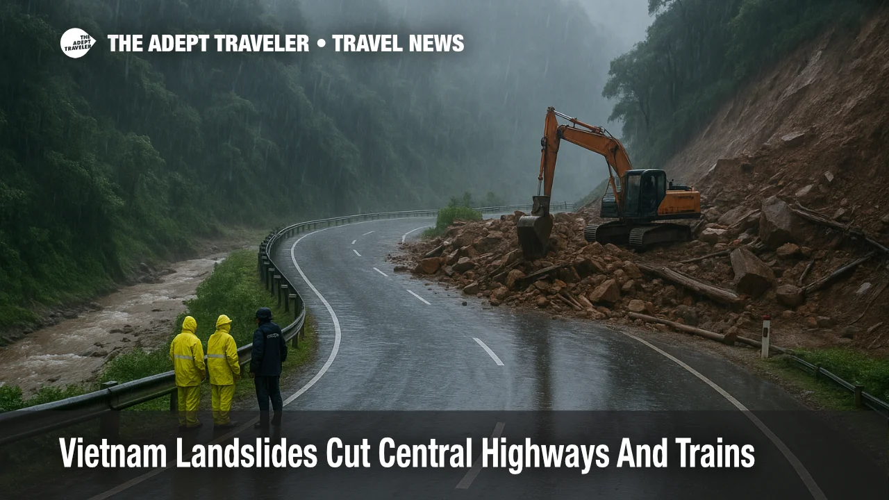 Rain soaked Khanh Le Pass in central Vietnam with fresh landslide debris blocking the mountain road, excavator crews and police assessing damage amid low cloud and wet asphalt