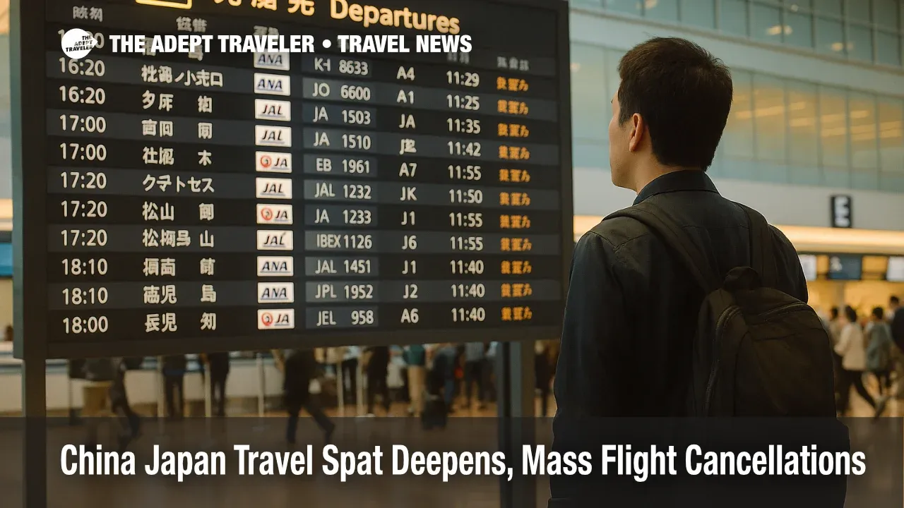 Travelers check boards at Tokyo Haneda Airport as China Japan travel spat leads to flight cancellations and rerouted journeys