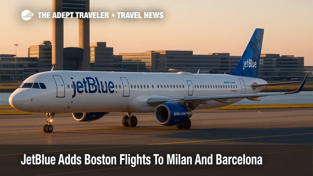 JetBlue Airbus A321 taxiing at Boston Logan with terminal and tower in view, illustrating new nonstop Boston flights to Milan and Barcelona