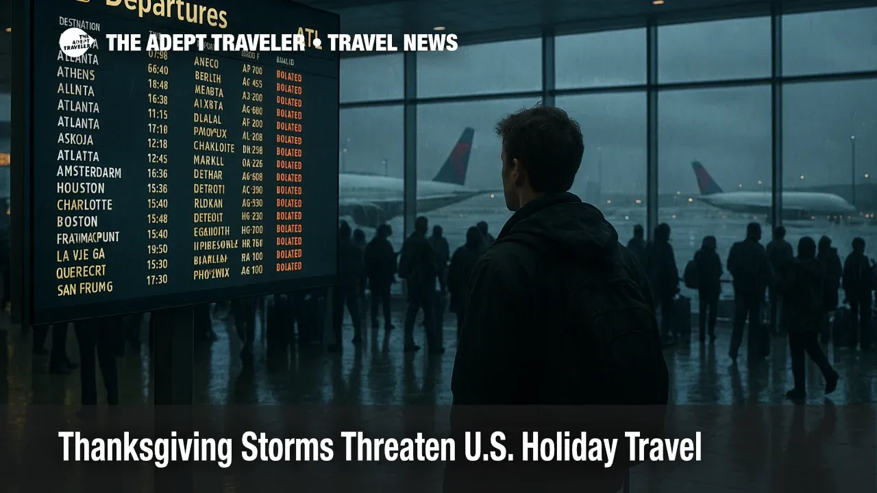 Travelers watch departures board at Atlanta airport as Thanksgiving storms bring rain and delays across the United States