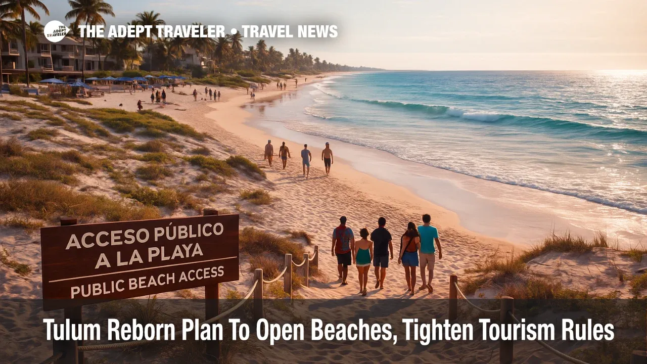 Travelers walk down a new public beach access path at Tulum Beach as part of the Tulum Reborn plan to open free shoreline access and tighten tourism rules.