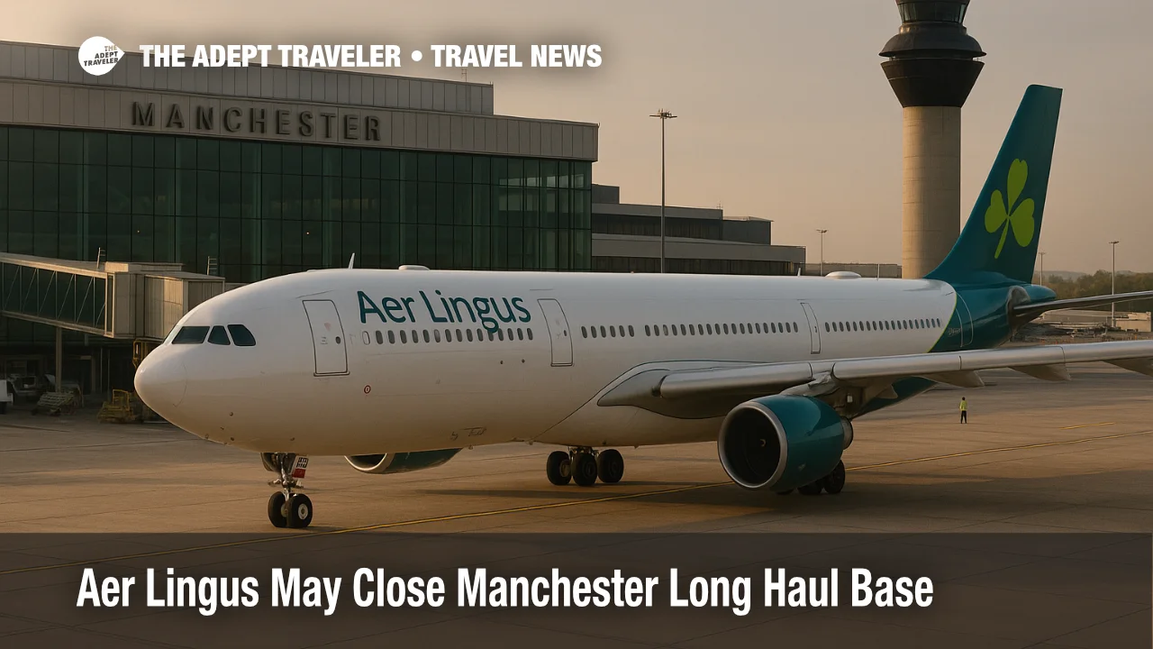 Aer Lingus Airbus A330 taxiing near Manchester Airport Terminal 2, illustrating the airline's Manchester long haul base review and possible route cuts.