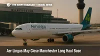 Aer Lingus Airbus A330 taxiing near Manchester Airport Terminal 2, illustrating the airline's Manchester long haul base review and possible route cuts.
