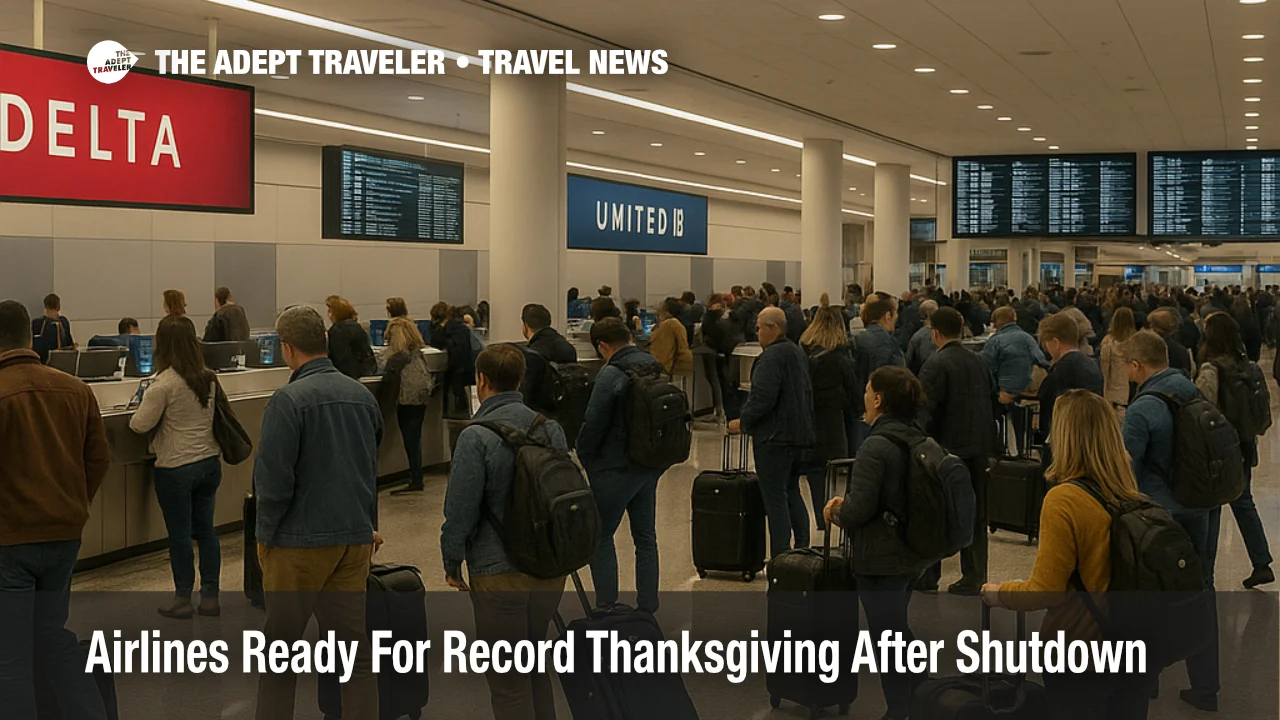 Travelers line up at Atlanta airport check in counters during record Thanksgiving air travel after shutdown flight cuts, with busy concourse screens in the background.