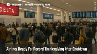 Travelers line up at Atlanta airport check in counters during record Thanksgiving air travel after shutdown flight cuts, with busy concourse screens in the background.