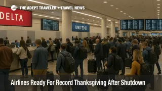 Travelers line up at Atlanta airport check in counters during record Thanksgiving air travel after shutdown flight cuts, with busy concourse screens in the background.