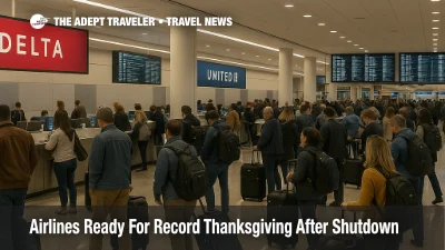 Travelers line up at Atlanta airport check in counters during record Thanksgiving air travel after shutdown flight cuts, with busy concourse screens in the background.