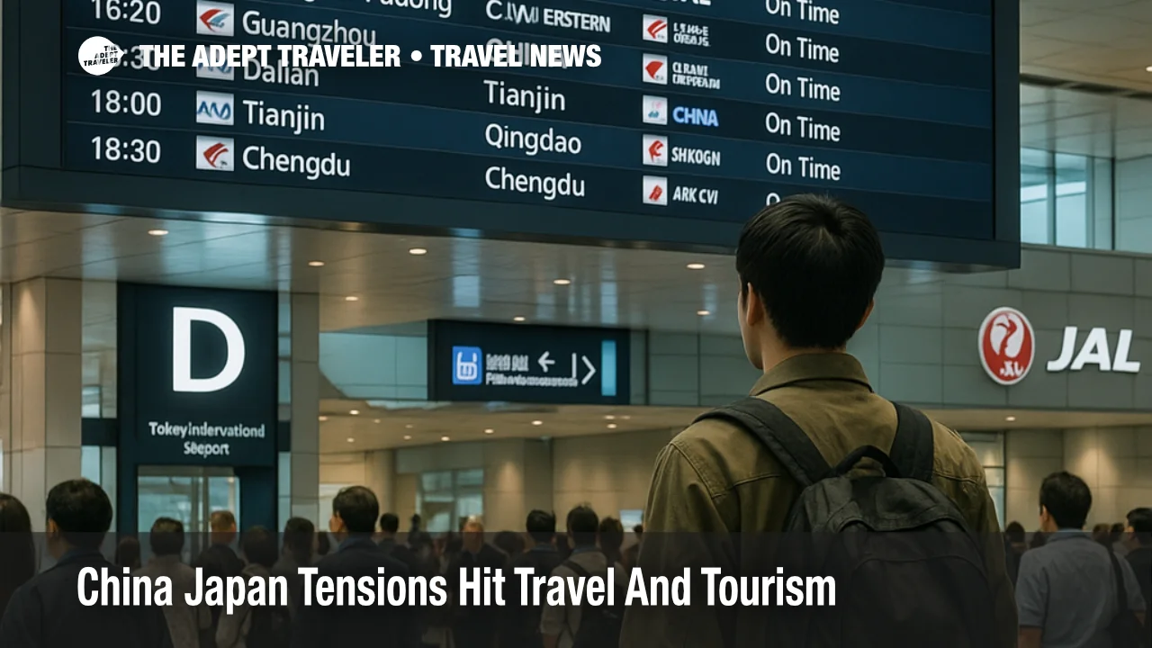 Travelers watch the departures board at Tokyo International Airport as China Japan tensions unsettle flights and tourism demand across East Asia