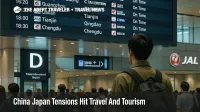 Travelers watch the departures board at Tokyo International Airport as China Japan tensions unsettle flights and tourism demand across East Asia