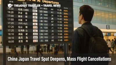 Travelers check boards at Tokyo Haneda Airport as China Japan travel spat leads to flight cancellations and rerouted journeys