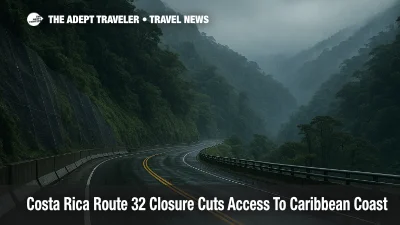 Overcast view of Costa Rica Route 32 in Braulio Carrillo National Park, showing a wet mountain highway below steep, landslide prone rainforest slopes