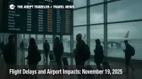 Travelers watch departure boards at John F. Kennedy International Airport as stormy November weather causes flight delays and airport impacts
