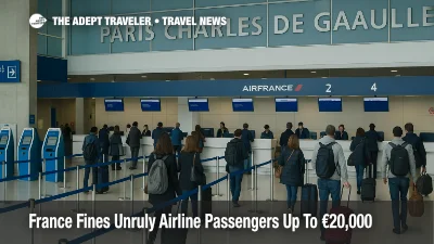 Travelers queue at Paris Charles de Gaulle check in counters as France's new fines for unruly airline passengers raise the stakes for in flight behaviour