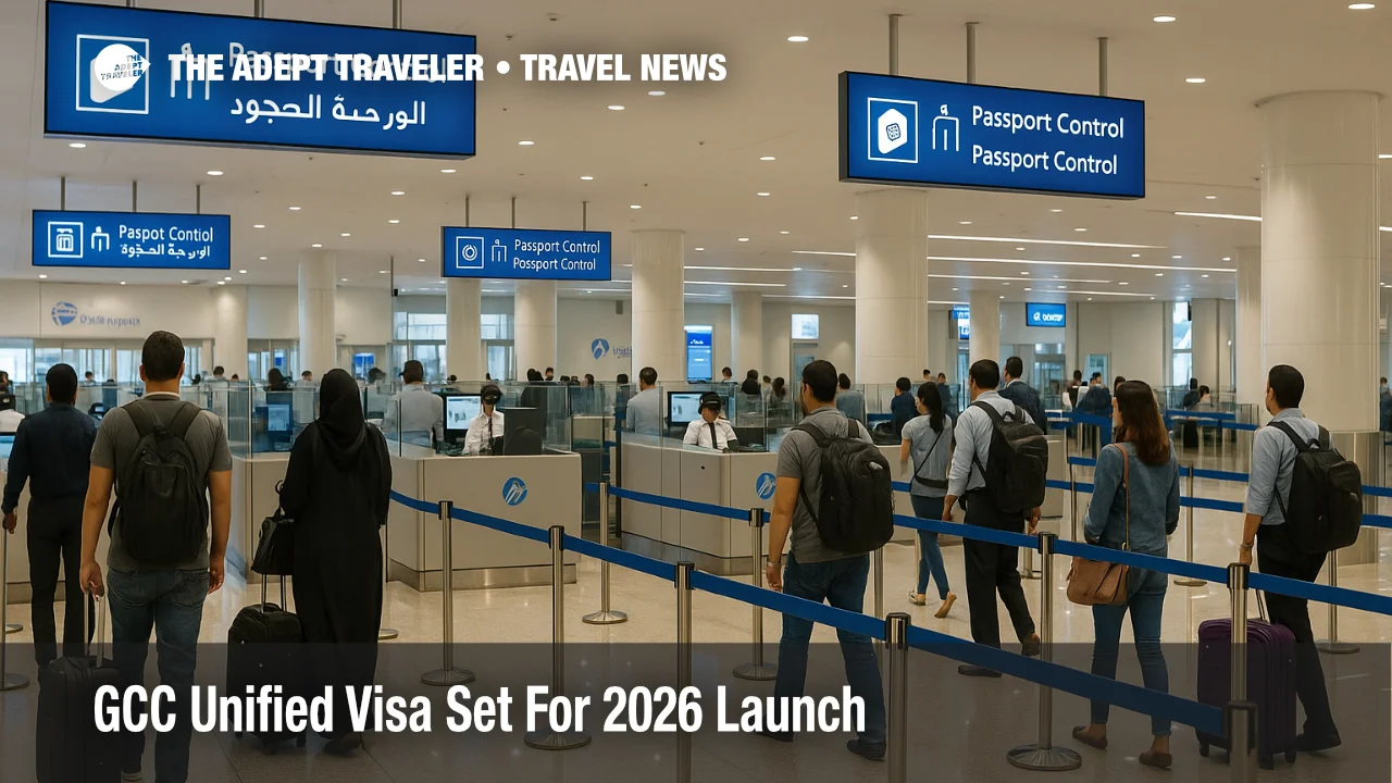 Immigration hall at Dubai International Airport with travelers queuing at passport control, illustrating the coming GCC unified visa and regional border changes