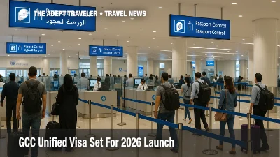 Immigration hall at Dubai International Airport with travelers queuing at passport control, illustrating the coming GCC unified visa and regional border changes