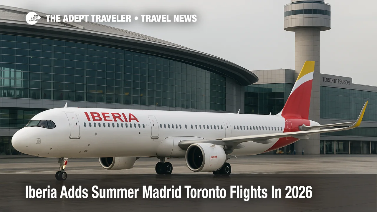 Iberia Airbus A321XLR at a Toronto Pearson gate, highlighting new summer Madrid to Toronto flights starting June 13, 2026.