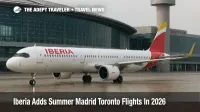 Iberia Airbus A321XLR at a Toronto Pearson gate, highlighting new summer Madrid to Toronto flights starting June 13, 2026.