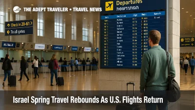 Travelers check the departures board at Ben Gurion International Airport as spring flights to Tel Aviv expand for Israel spring travel