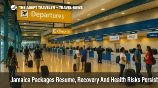 Departures concourse at Sangster International Airport as Jamaica packages resume, with travelers checking in under real airline branding