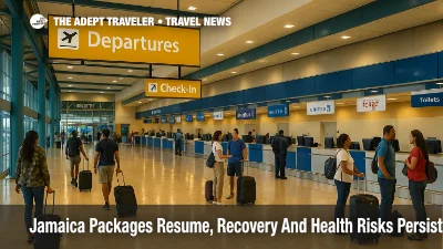 Departures concourse at Sangster International Airport as Jamaica packages resume, with travelers checking in under real airline branding