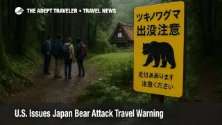 Travelers pause at a bear warning sign near a forest trail in Shirakawa-go, illustrating Japan bear attacks travel warning guidance for rural visitors