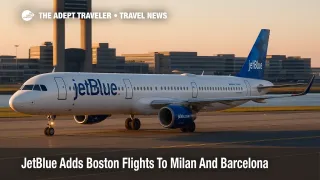 JetBlue Airbus A321 taxiing at Boston Logan with terminal and tower in view, illustrating new nonstop Boston flights to Milan and Barcelona