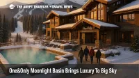 Snowy exterior of One&Only Moonlight Basin main lodge in Big Sky, Montana, with outdoor onsen pool and alpine peaks at sunset