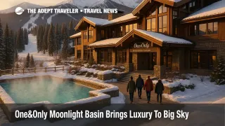 Snowy exterior of One&Only Moonlight Basin main lodge in Big Sky, Montana, with outdoor onsen pool and alpine peaks at sunset