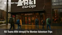 Travelers with packs and luggage outside the REI Seattle flagship store, illustrating the new REI and Intrepid Travel adventure trips partnership