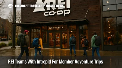 Travelers with packs and luggage outside the REI Seattle flagship store, illustrating the new REI and Intrepid Travel adventure trips partnership