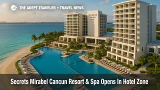 Secrets Mirabel Cancun in Cancun Hotel Zone, showing beachfront pools and white towers beside turquoise water