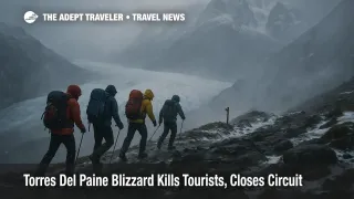 Snow and wind lash trekkers on a narrow ridge above Grey Glacier as a Torres del Paine blizzard closes the high O Circuit and Macizo Paine route.