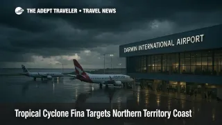 Storm clouds and wet tarmac at Darwin International Airport as Tropical Cyclone Fina approaches, highlighting potential flight disruption to the Northern Territory