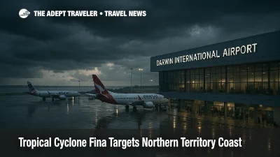 Storm clouds and wet tarmac at Darwin International Airport as Tropical Cyclone Fina approaches, highlighting potential flight disruption to the Northern Territory