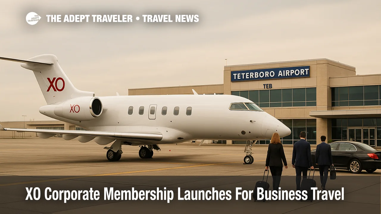 XO Corporate membership concept with XO branded private jet on the ramp at Teterboro Airport and executives walking toward a waiting car