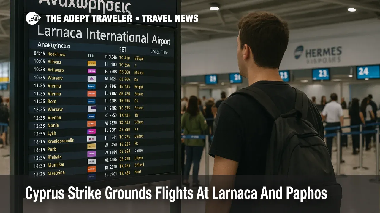 Traveler viewing a busy departures board inside Larnaca International Airport during a Cyprus strike that disrupts midday flights