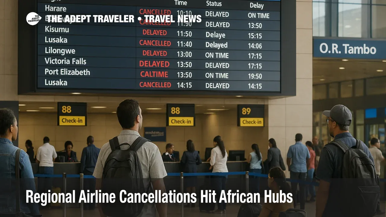 Travelers watch a departures board at O. R. Tambo Airport as Africa flight cancellations November 2025 disrupt regional connections through the Johannesburg hub
