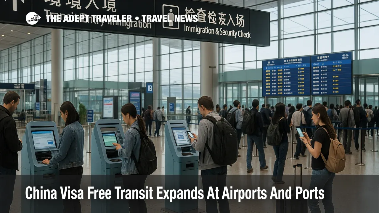 Travelers at Beijing Capital Airport use kiosks and phones for China visa free transit and digital arrival card checks near immigration lanes
