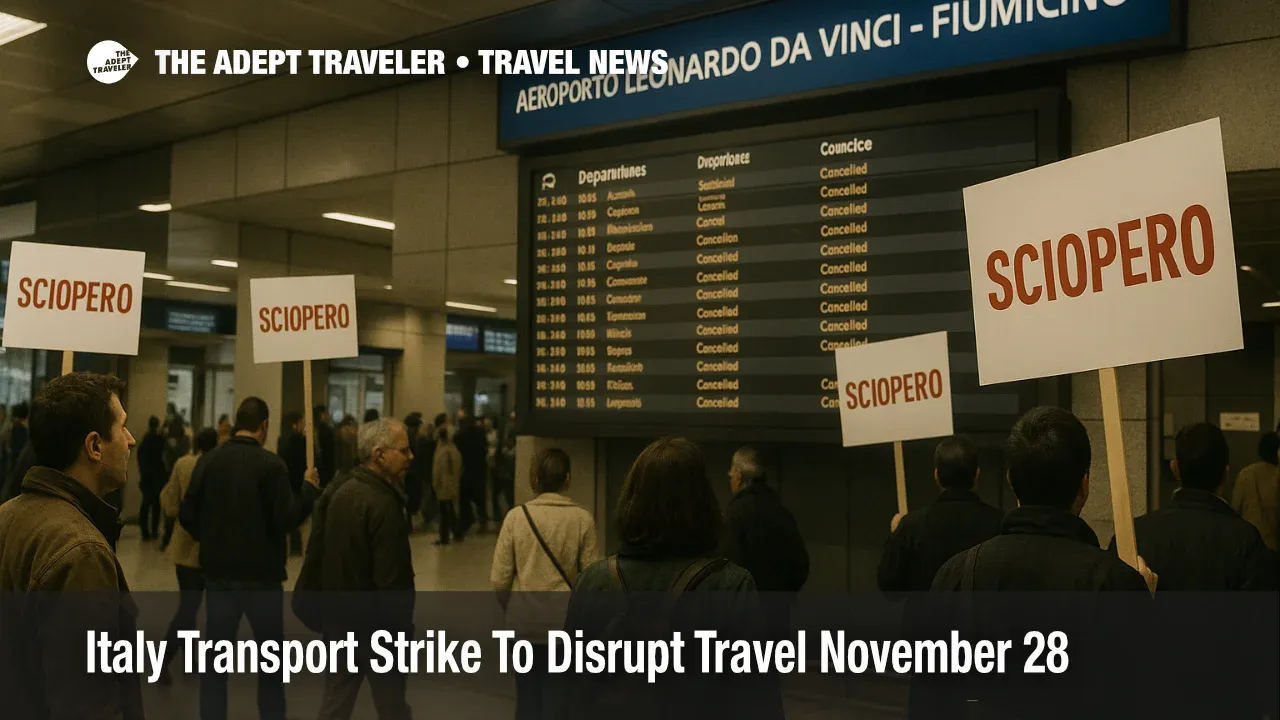 Traveler checking the departures board in Rome Fiumicino's main hall during the November 28 Italy transport strike, with busy concourse and cool neutral light