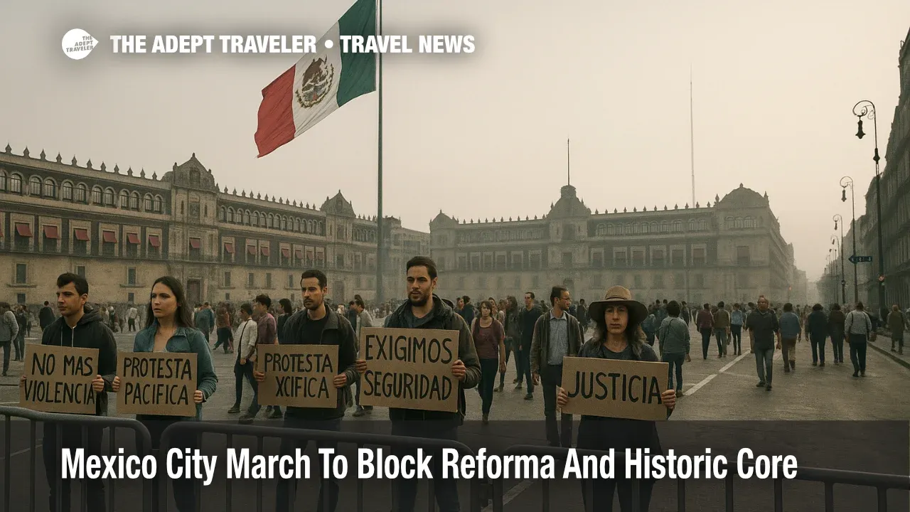 Small protest crowd with placards and police barriers in Mexico City's Zocalo during a November 20 march that disrupts Reforma and the historic center