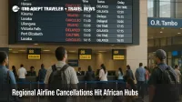 Travelers watch a departures board at O. R. Tambo Airport as Africa flight cancellations November 2025 disrupt regional connections through the Johannesburg hub