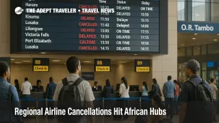 Travelers watch a departures board at O. R. Tambo Airport as Africa flight cancellations November 2025 disrupt regional connections through the Johannesburg hub