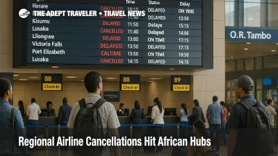 Travelers watch a departures board at O. R. Tambo Airport as Africa flight cancellations November 2025 disrupt regional connections through the Johannesburg hub