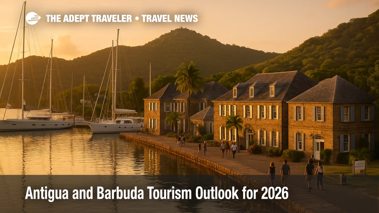 Warm evening view of Nelson's Dockyard marina in Antigua and Barbuda, with historic stone buildings, yachts at anchor, and hills that frame the Caribbean tourism scene