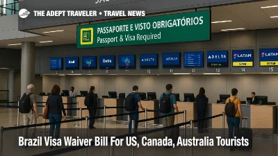 Travelers queue at São Paulo Guarulhos check in counters as new Brazil visa waiver and e visa rules shape entry checks for US and Canadian tourists ,.ll.